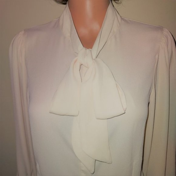 Unique Vintage Ivory Crepe Neck Tie Puff Sleeves Gwen Blouse - S/4 NWT - Picture 2 of 4